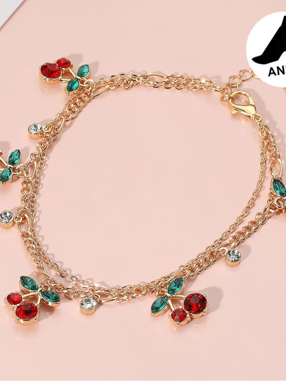 Gold-Tone Cherry Crystal Anklet - Red & Green